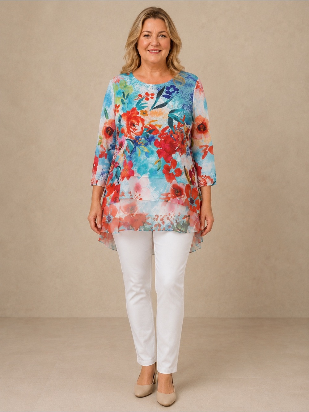 Ali Miles Watercolor Floral High-Low Tunic Top XL 3/4 Sleeve